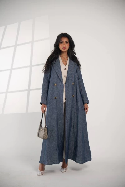 Natural linen blazer abaya in blue, IB135 Blue