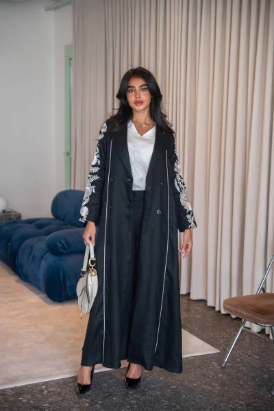 Black natural linen blazer abaya with embroidery C:IB331 Black